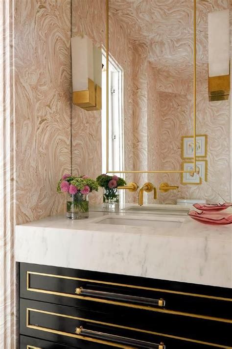 Pink Agate Wallpaper Complements A Contemporary Powder Room Fitted With