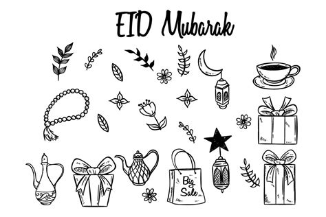 Set Eid Mubarak Icons With Doodle Style Graphic By Padmasanjaya