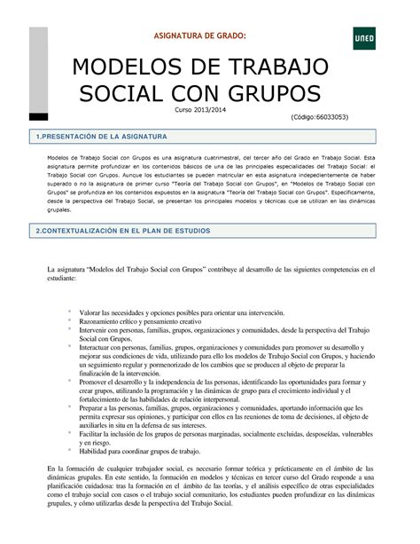 Modelos De Trabajo Social Con Grupos Asignatura De Grado Modelos De