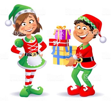 Two Cartoon Christmas Elves Giving Presents To Each Other