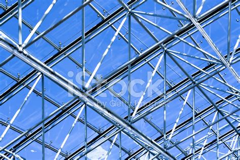 Abstract Blue Geometric Ceiling In Office Center Stock