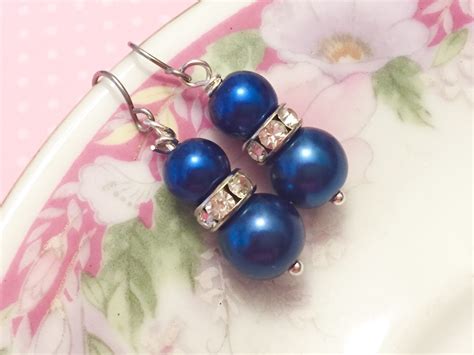 Blue Pearl Earrings Blue Rhinestone Earrings Blue Pearl Drop Earrings