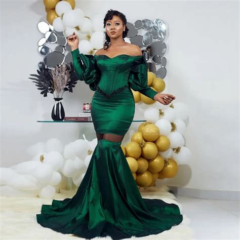 Dark Green Off The Shoulder Evening Gowns Aso Ebi Style Mermaid See