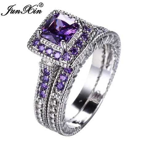 Junxin Elegant Purple Ring Set White Gold Filled Wedding Engagement