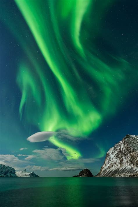 Northern Lights Fill Sky Over Haukland Beach Lofoten Islands Norway
