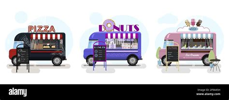 Set Of Vector Food Trucks With Pizza Donuts And Ice Cream Vector Flat