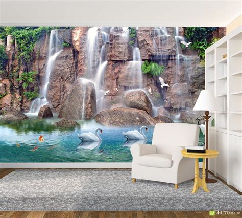 Nature Wallpaper And Wall Murals Waterfall With Swans Fototapetart
