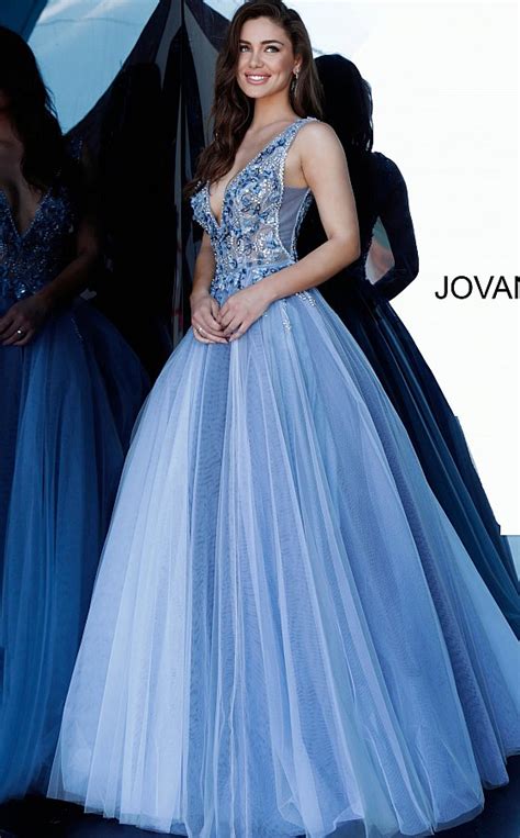 Jovani 3110 Blue Floral Applique Prom Ballgown Ball Gowns Jovani