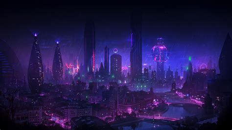 Dominiquevanvelsen Purple Cyberpunk Neon Glow Night Bridge Rain