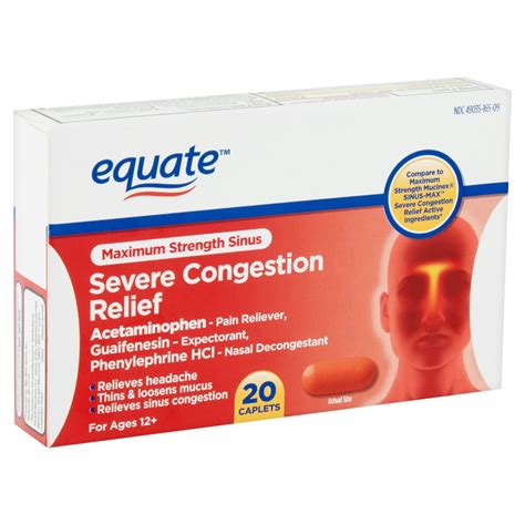 equate max strength sinus severe congestion relief caplets ages 12 20 ct