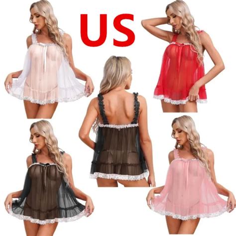 Us Womens Top Sexy See Through Mesh Tank Lace Trim Ruffle Hem Camisole Nightwear Eur 1114