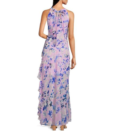 Eliza J Floral Print Chiffon Ruffle Halter Neck Sleeveless Maxi Dress