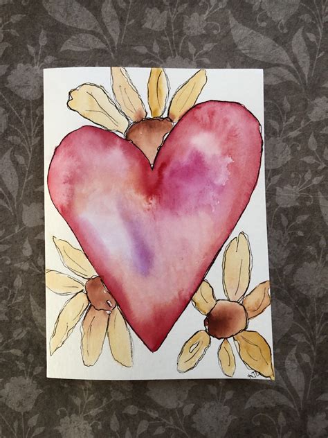 Homemade Heart Card Hand Painted Card Watercolor Pink Heart Etsy