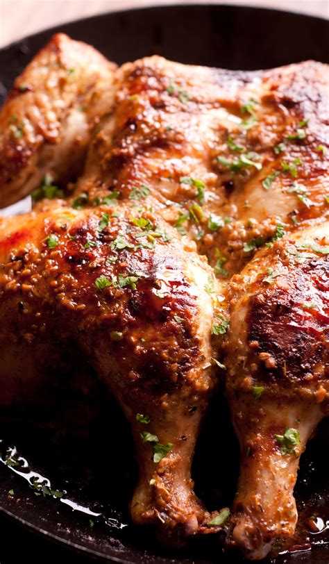 roasted spatchcock chicken with garlic mustard crust is the juicy whole chicken with the crispy