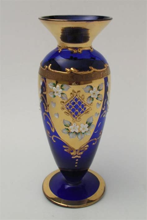 Vintage Venetian Murano Bohemian Cobalt Blue Glass Vase Gilt Gold