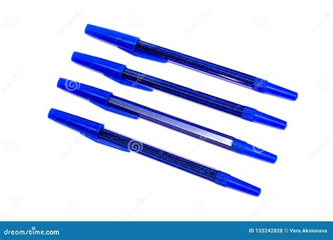 Four Blue Ballpoint Pens Close Up Isolate On White Background Stock