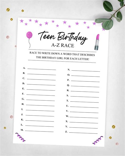 Teen Birthday A Z Race Girl Lipstick Birthday Race Game Instant Digital Download Printable