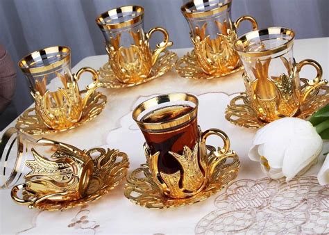 Pc Turkish Tea Glasses Set With Holder Handles Saucers Spoons Glass