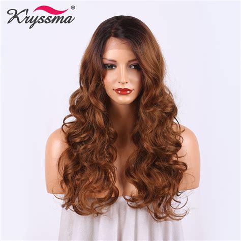 long wavy wig ombre wig dark roots to brown two tones synthetic lace front wigs for women l part