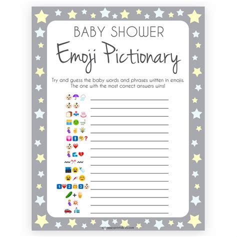 Baby Emoji Pictionary Printable Grey And Yellow Baby Shower Games