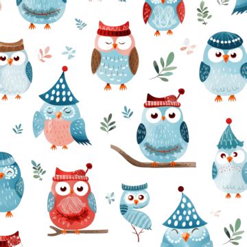 Funny Winter Owls Vector Seamless Pattern Christmas Holiday Owls Pattern Vintage Character