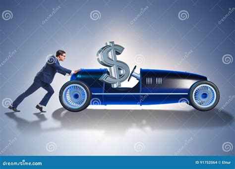 The Businessman Pushing Car With Dollar In Driving Seat Stock Photo