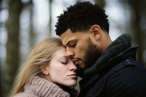Premium Ai Image Romantic Interracial Couple Hugging Caucasian Blond