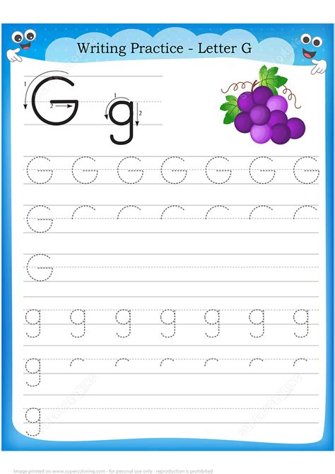 Printnpractice free printable worksheets help kids practice math, phonics, grammar, and handwriting. Letter G is for Grape Handwriting Practice Worksheet ...