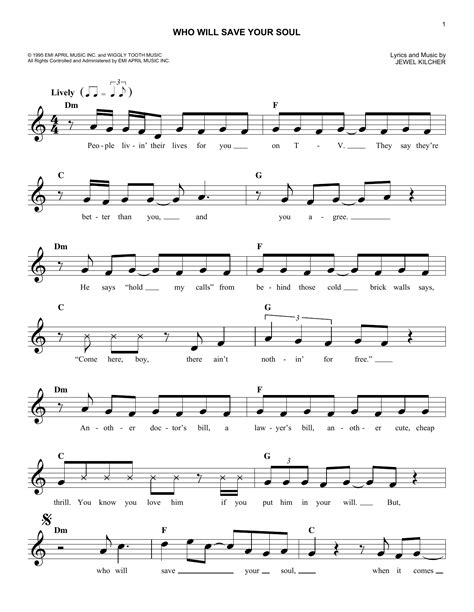 Who Will Save Your Soul Sheet Music Jewel Easy Lead Sheet Fake Book