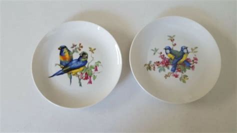 Kaiser Bird Plates West Germany Porcelain Set Of Two Parrots Bluebirds