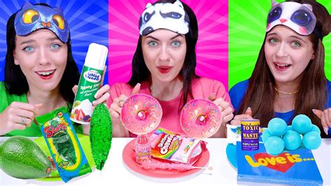 Asmr Eating Only One Color Food Green Pink And Blue Candy Race By Lilibu Youtube