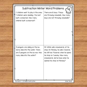 Below are six versions of our grade 1 math worksheet with word problems involving the addition and subtraction of 1 and 2 digit numbers. Winter Subtraction Word Problems Numbers 1 - 20 for ...