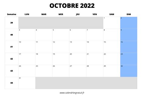 calendrier octobre 2022 à imprimer