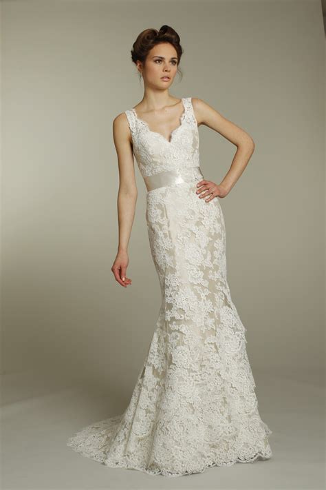 Romantic Ivory V Neck Lace Wedding Dress With Champagne Ribbon Sash