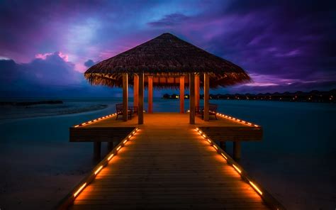 Lighted Pier In The Maldives Full Hd Wallpaper And Background Image