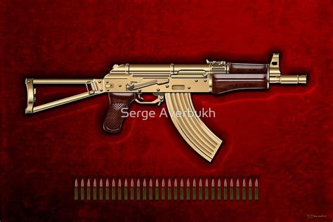 Gold Aks 74u Assault Rifle With 545x39 Rounds Over Red Velvet By