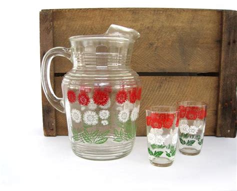 Vintage Glass Pitcher Hazel Atlas Swanky Swig Glasses Drink Set Red