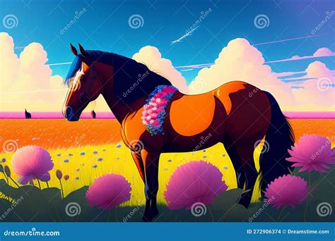 A Horse In The Middle Of A Countryside Landscape Stock Illustration