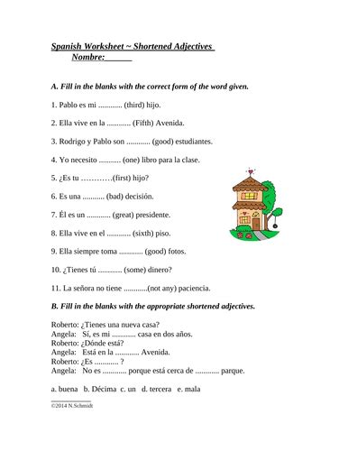 Spanish Shortened Adjectives Worksheet Bueno Alguno Primero