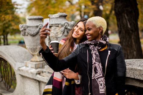 Multiracial Female Friends Taking Selfie Outdoor Stock Image Image Of