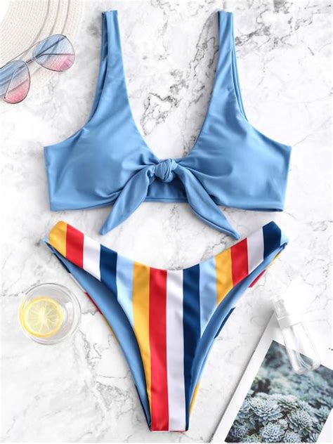 42 Off Popular 2020 Zaful Striped Knotted High Cut Bikini Swimsuit In Multi A Zaful