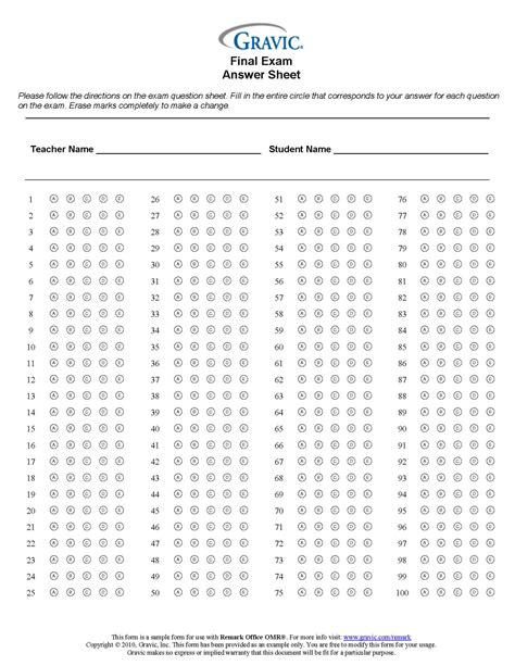 Blank Answer Sheet Template 1 100
