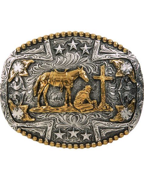 Andwest Mens Oval Praying Cowboy Belt Buckle Silver