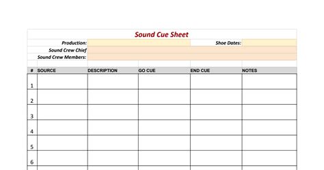 Cues sheets are a piece of paper that is filled out by the producer or the video (often the production company) and list the composers and publishers of the music that has been played on television. Sound Cue Sheet Template - Google Sheets