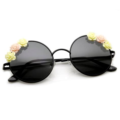 Flower Adorned Womens Hippie Floral Round Sunglasses Zerouv