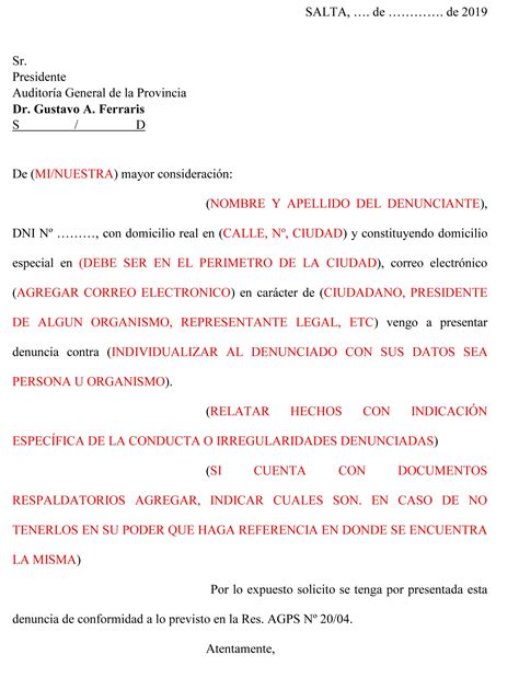 Formulario De Denuncia Auditoria General De La Provincia De Salta
