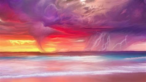 Painting Of A Storm Over The Ocean At Sunset