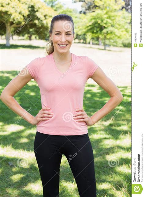 Sporty Woman With Hands On Hips At Park Stock Image Image Of Sportswear Spare