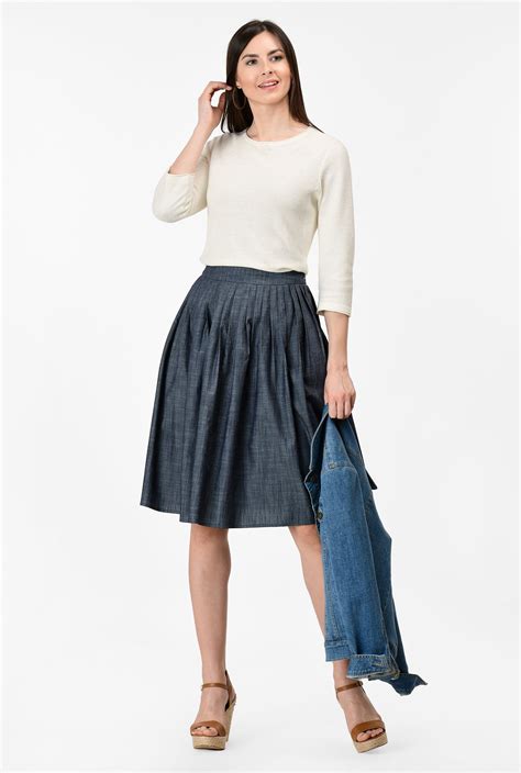 Shop Cotton Chambray Pleated Full Skirt Eshakti