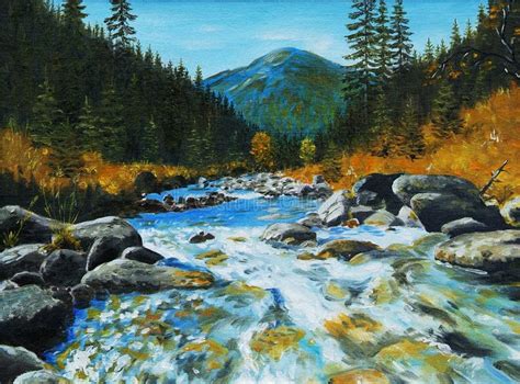 Oil Painting Mountain River Rocks And Forest Abstract Drawing Stock